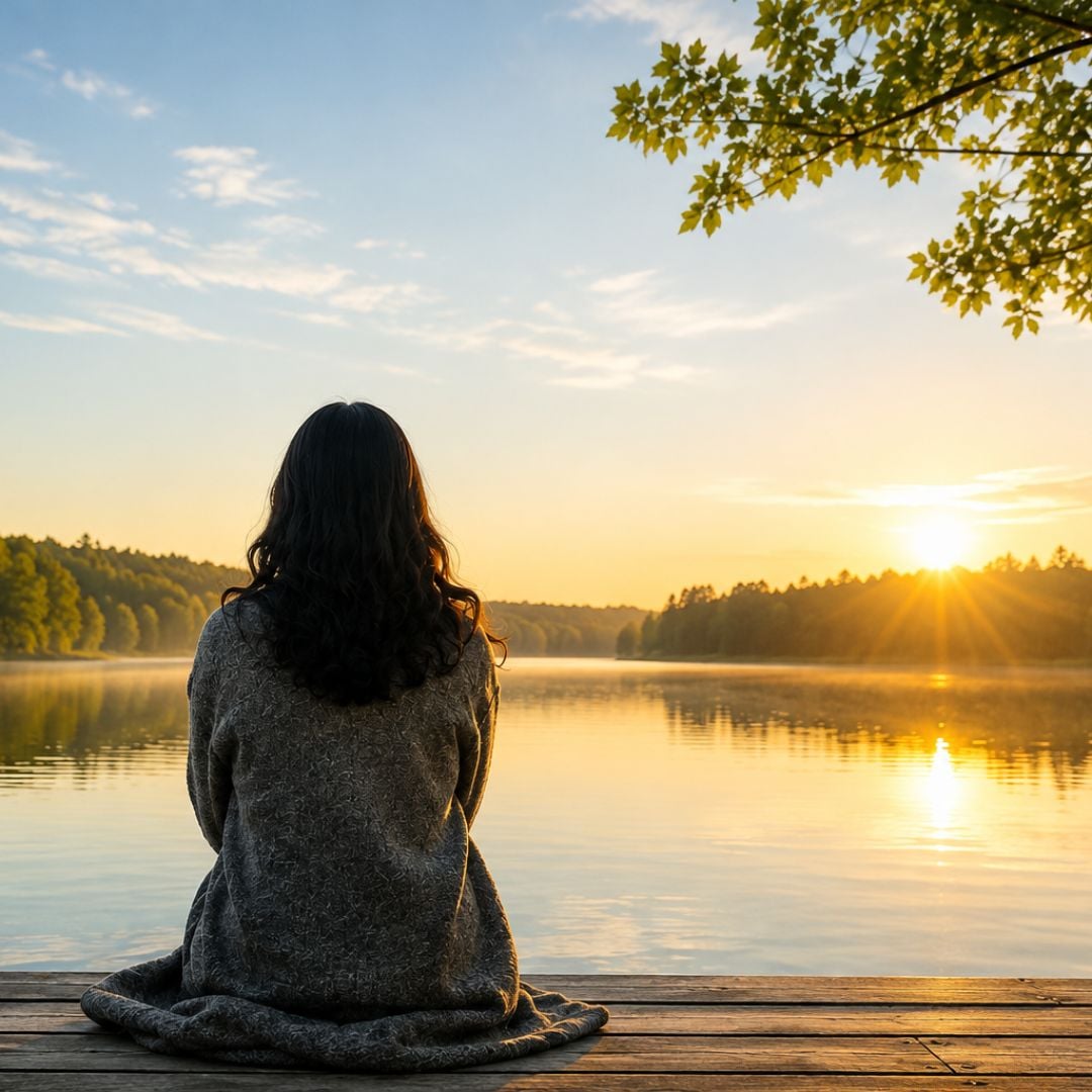 Person sitter vid en lugn sjö i morgonljus och blickar ut över vattnet, en bild som symboliserar reflektion, återhämtning och helhetshälsa.